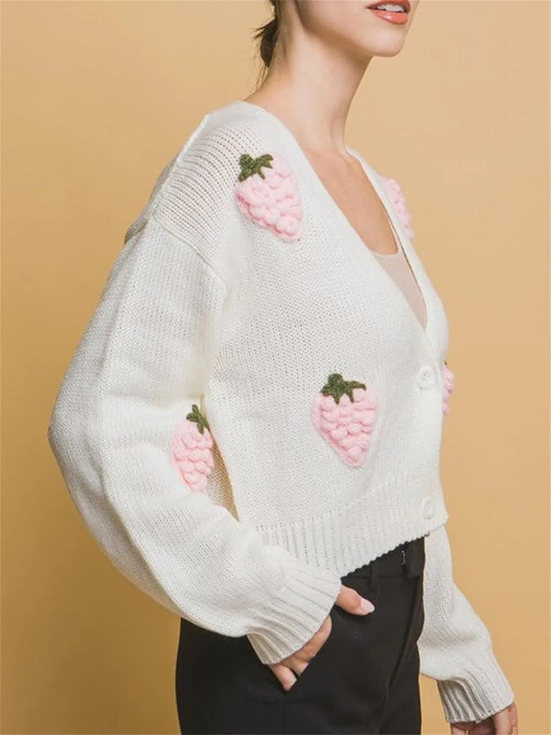 Women Button Down Sweater V Neck Cable Knit Crop Cardigan Y2K Kawaii Strawberry Embroidery Cardigan Sweater