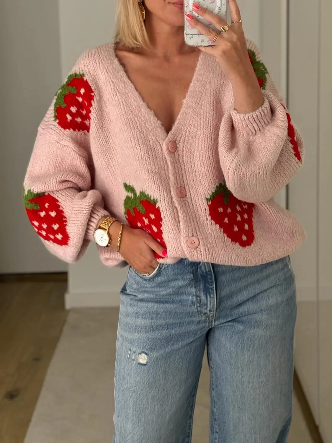 Women Button Down Sweater V Neck Cable Knit Crop Cardigan Y2K Kawaii Strawberry Embroidery Cardigan Sweater