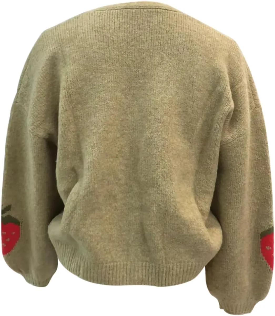 Women Button Down Sweater V Neck Cable Knit Crop Cardigan Y2K Kawaii Strawberry Embroidery Cardigan Sweater