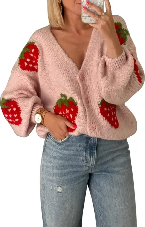 Women Button Down Sweater V Neck Cable Knit Crop Cardigan Y2K Kawaii Strawberry Embroidery Cardigan Sweater