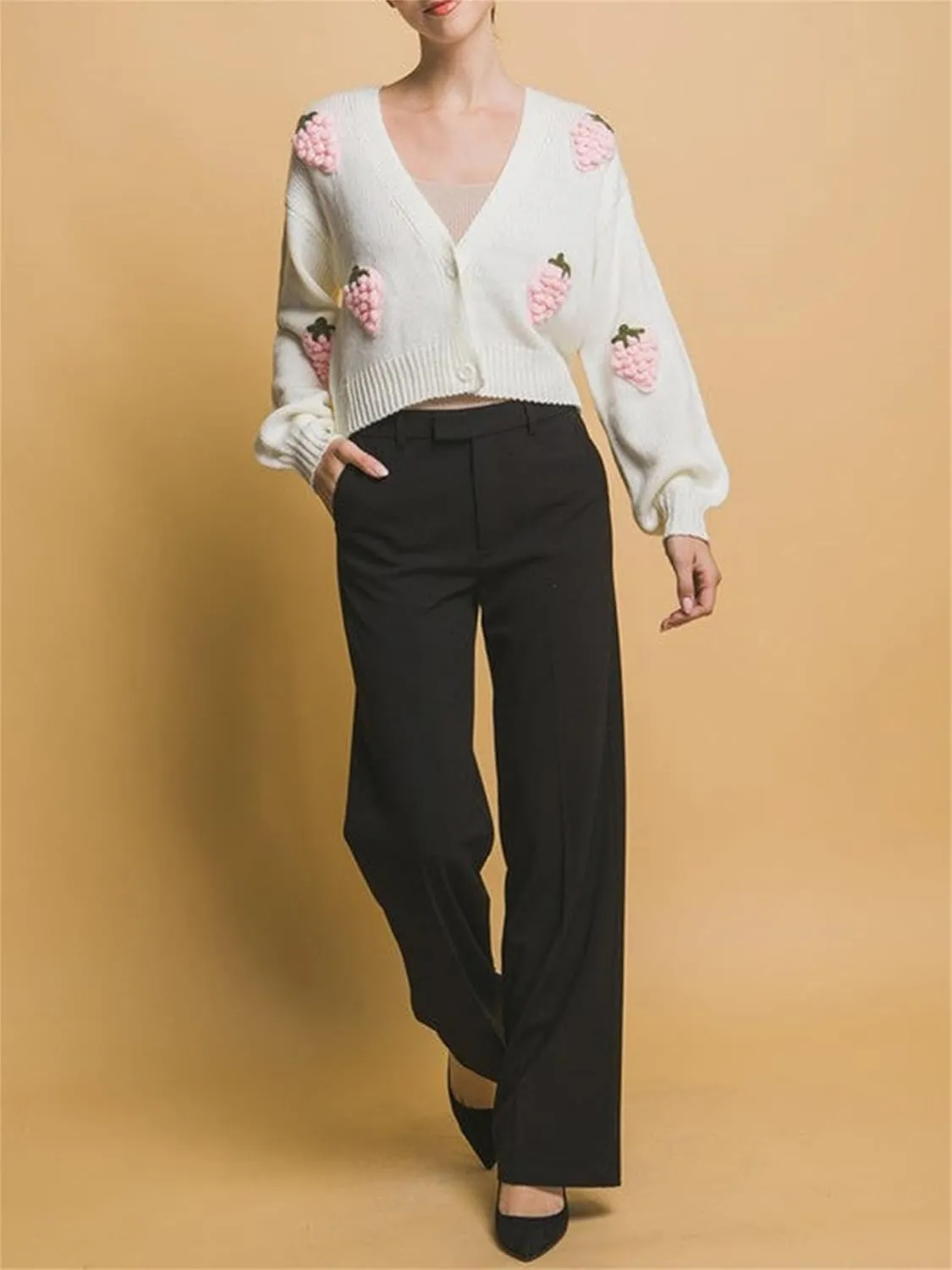 Women Button Down Sweater V Neck Cable Knit Crop Cardigan Y2K Kawaii Strawberry Embroidery Cardigan Sweater