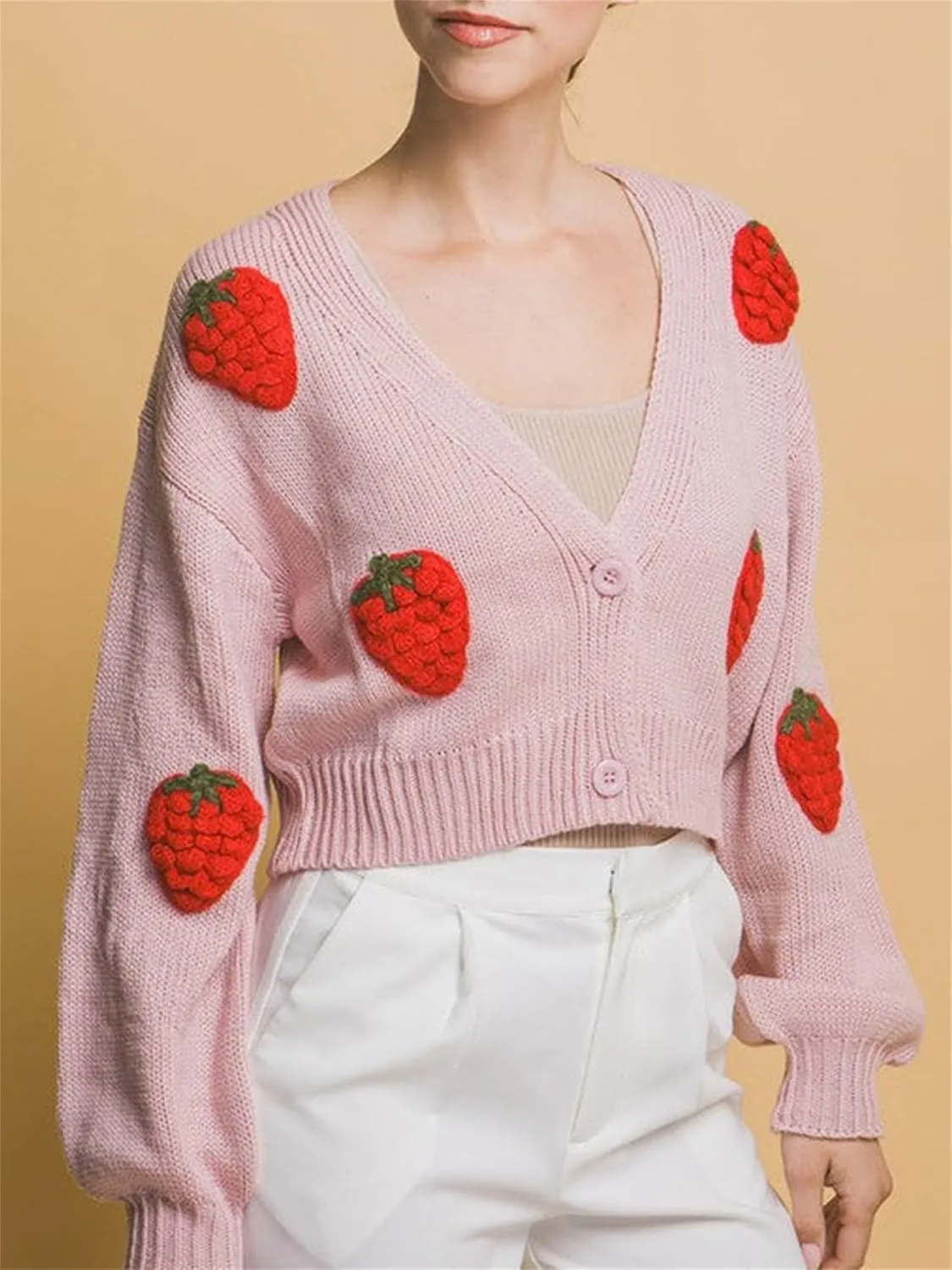 Women Button Down Sweater V Neck Cable Knit Crop Cardigan Y2K Kawaii Strawberry Embroidery Cardigan Sweater