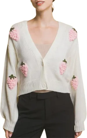 Women Button Down Sweater V Neck Cable Knit Crop Cardigan Y2K Kawaii Strawberry Embroidery Cardigan Sweater