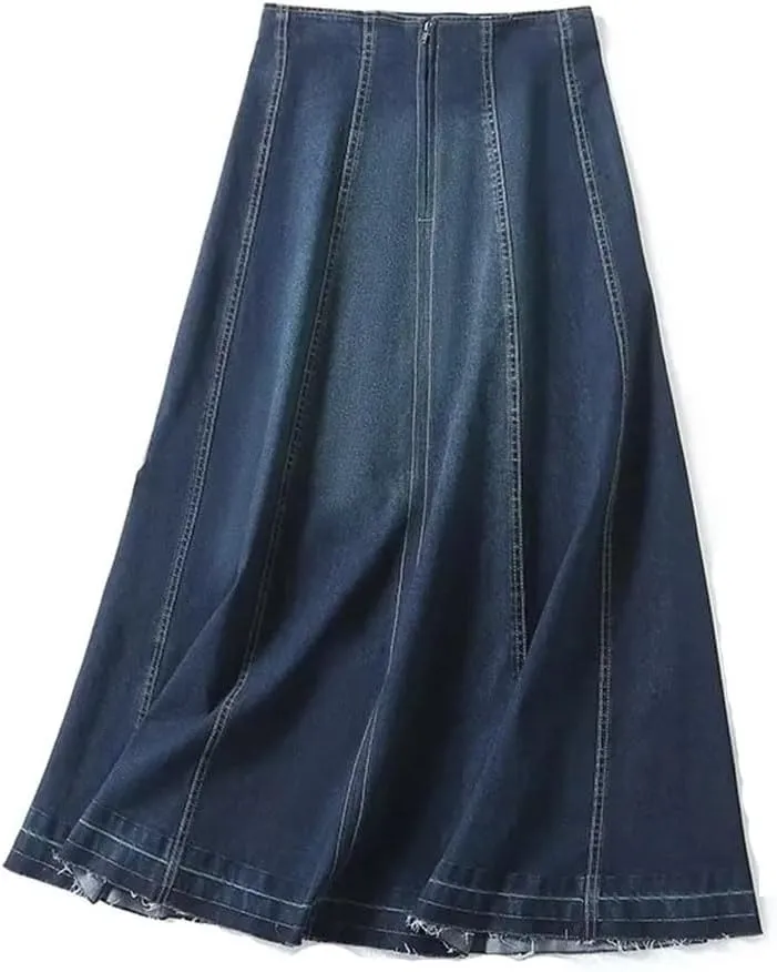 Women Casual Loose Denim A-Line Skirt Solid Zipper Long Straight Ruffles Office Jeans Skirts