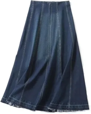 Women Casual Loose Denim A-Line Skirt Solid Zipper Long Straight Ruffles Office Jeans Skirts
