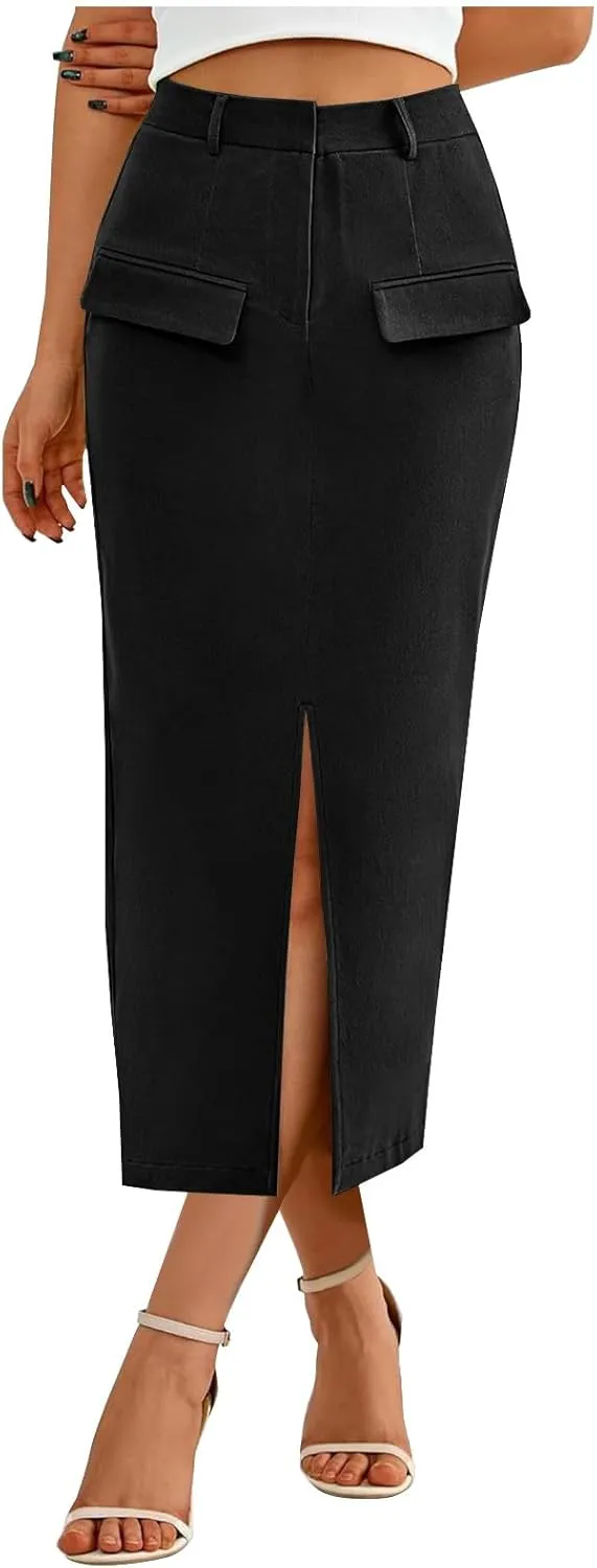 Women Cotton Bodycon Midi Skirt, Fashion Elegant Business Casual Pencil Skirts High Waisted Split Trendy Clothes with Pockets