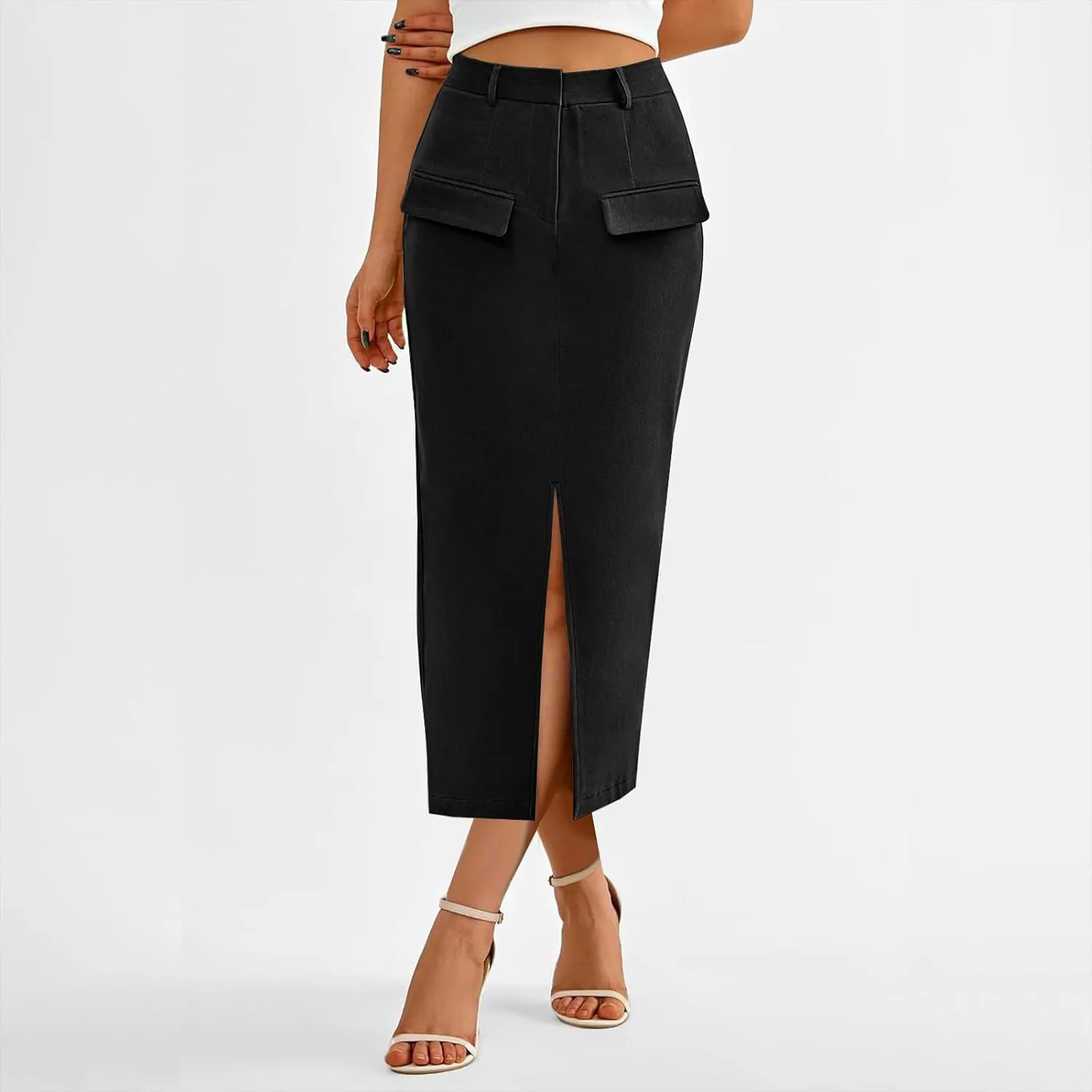 Women Cotton Bodycon Midi Skirt, Fashion Elegant Business Casual Pencil Skirts High Waisted Split Trendy Clothes with Pockets