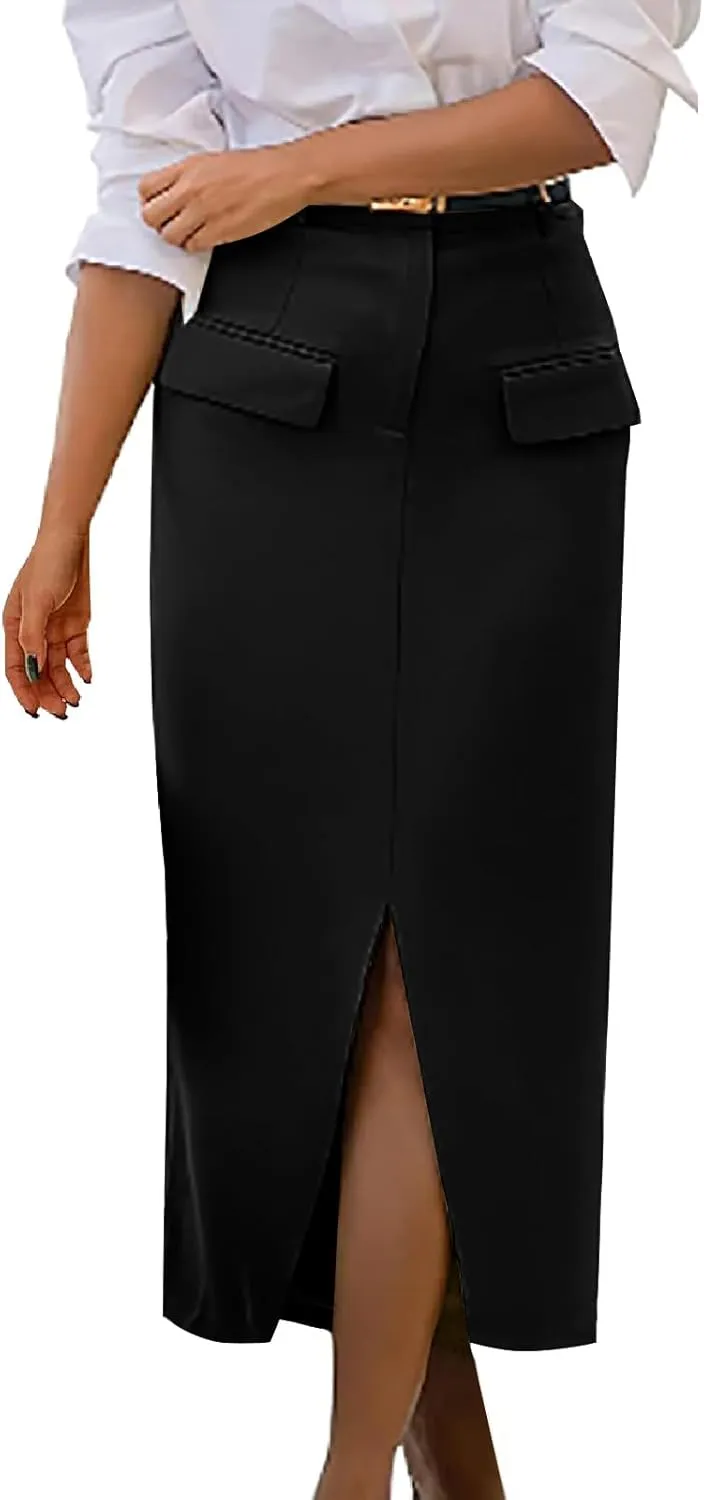 Women Cotton Bodycon Midi Skirt, Fashion Elegant Business Casual Pencil Skirts High Waisted Split Trendy Clothes with Pockets