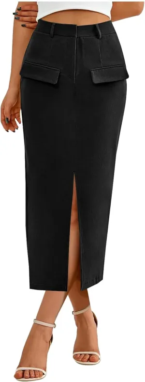 Women Cotton Bodycon Midi Skirt, Fashion Elegant Business Casual Pencil Skirts High Waisted Split Trendy Clothes with Pockets