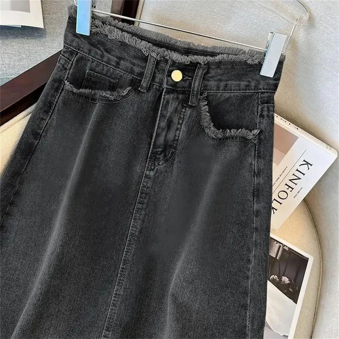 Women Denim A- Line Skirt for Elegant Ins Long Mid Waist Straight Leg Coal gray9 Bodycon Skirt