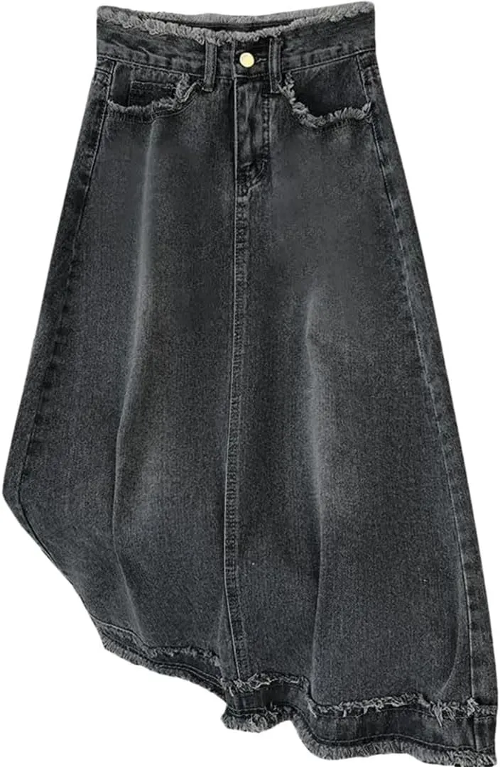 Women Denim A- Line Skirt for Elegant Ins Long Mid Waist Straight Leg Coal gray9 Bodycon Skirt