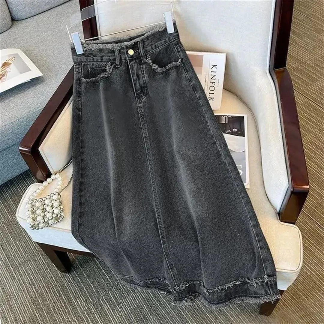 Women Denim A- Line Skirt for Elegant Ins Long Mid Waist Straight Leg Coal gray9 Bodycon Skirt