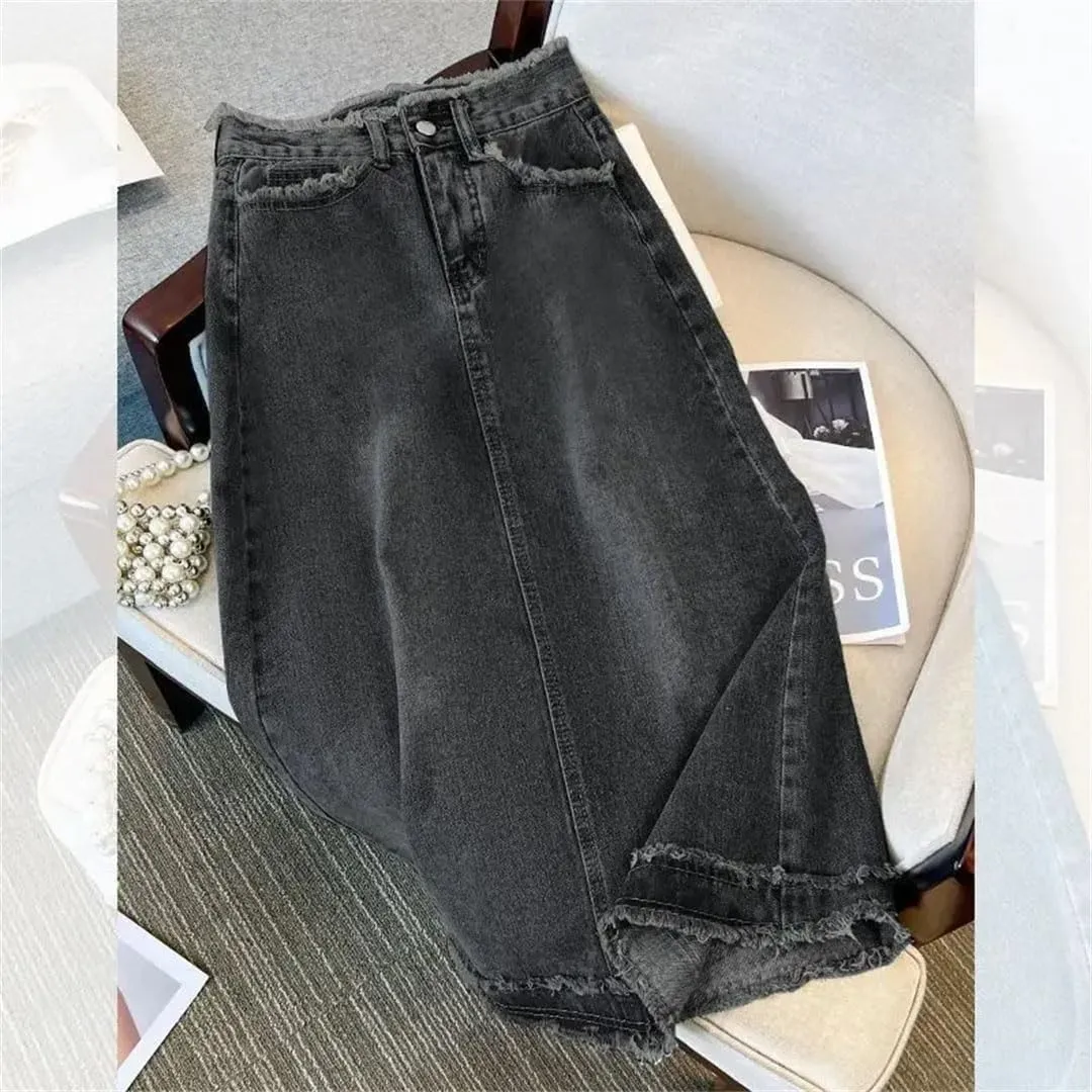 Women Denim A- Line Skirt for Elegant Ins Long Mid Waist Straight Leg Coal gray9 Bodycon Skirt