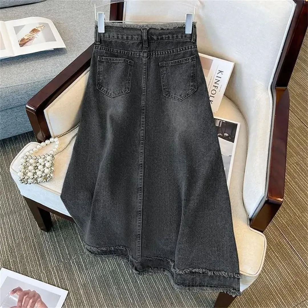 Women Denim A- Line Skirt for Elegant Ins Long Mid Waist Straight Leg Coal gray9 Bodycon Skirt