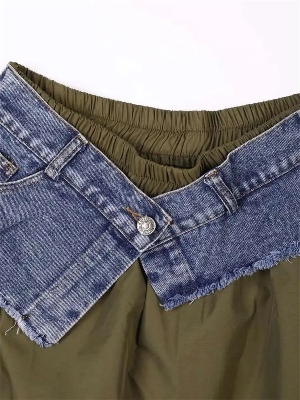 Women Denim A-Line Skirt High Elastic Waist Irregular Hem Skirt Zipper Pocket Stretch Street Style