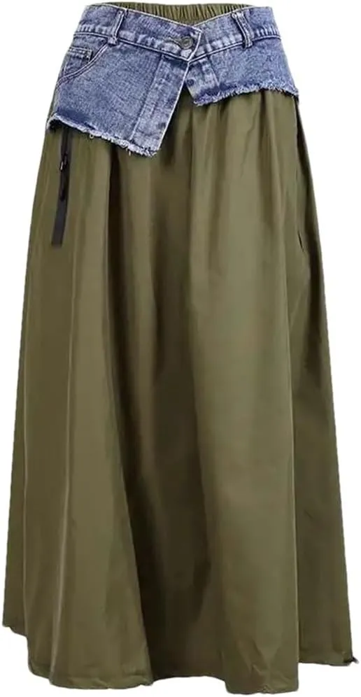 Women Denim A-Line Skirt High Elastic Waist Irregular Hem Skirt Zipper Pocket Stretch Street Style