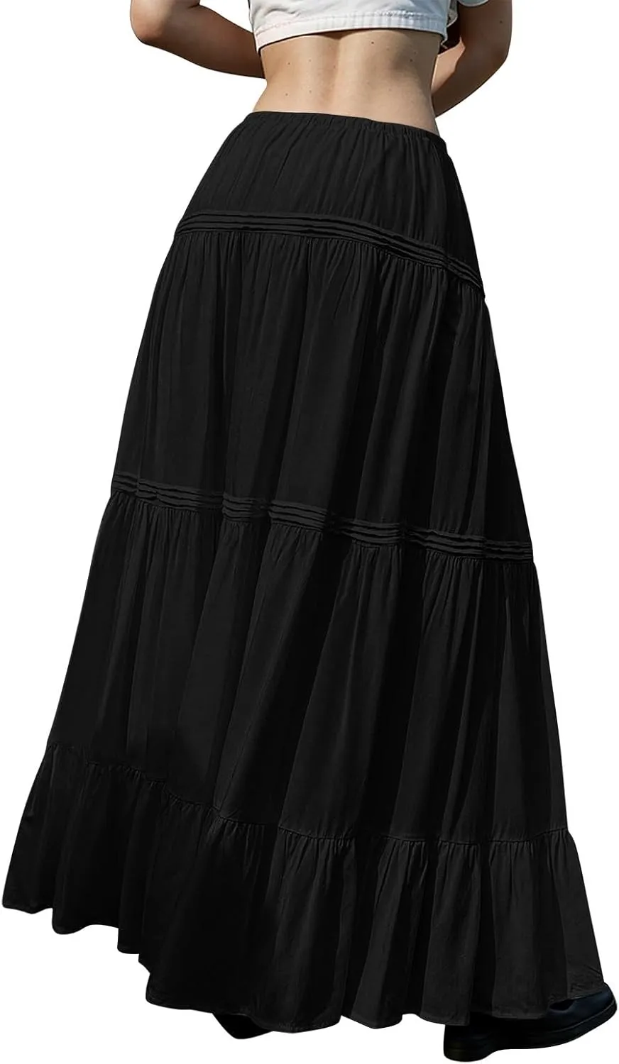 Women Elastic Waist Maxi Skirt Solid Color A Line Pleated Skirts Ruffle Tiered Beach Vacation Long Skorts