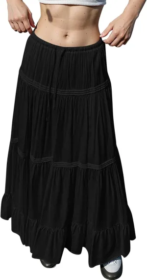 Women Elastic Waist Maxi Skirt Solid Color A Line Pleated Skirts Ruffle Tiered Beach Vacation Long Skorts