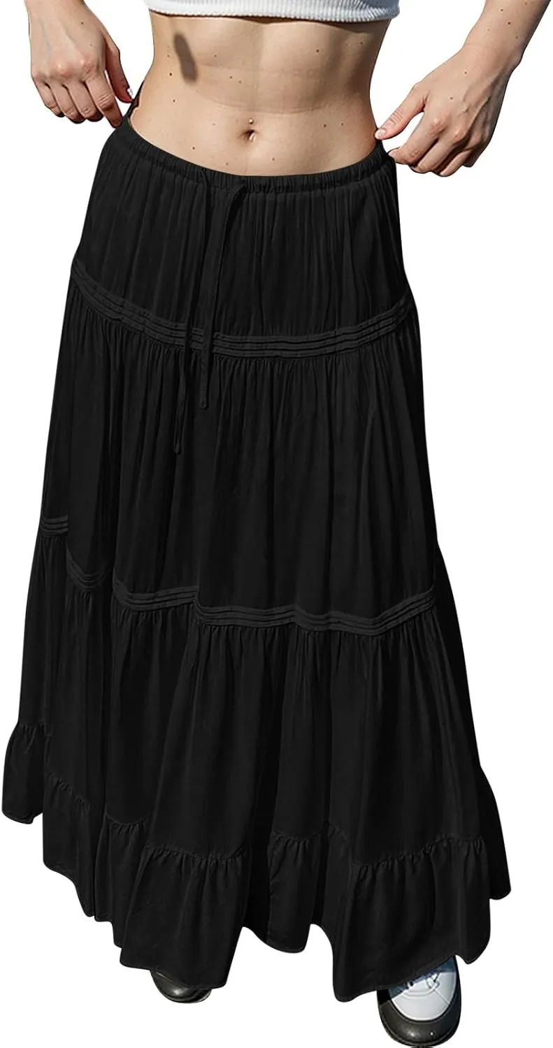 Women Elastic Waist Maxi Skirt Solid Color A Line Pleated Skirts Ruffle Tiered Beach Vacation Long Skorts