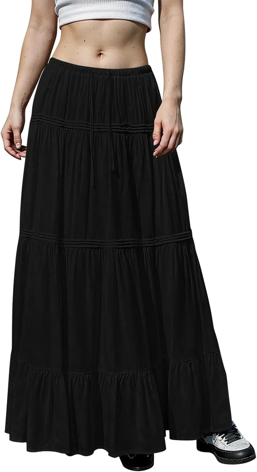 Women Elastic Waist Maxi Skirt Solid Color A Line Pleated Skirts Ruffle Tiered Beach Vacation Long Skorts