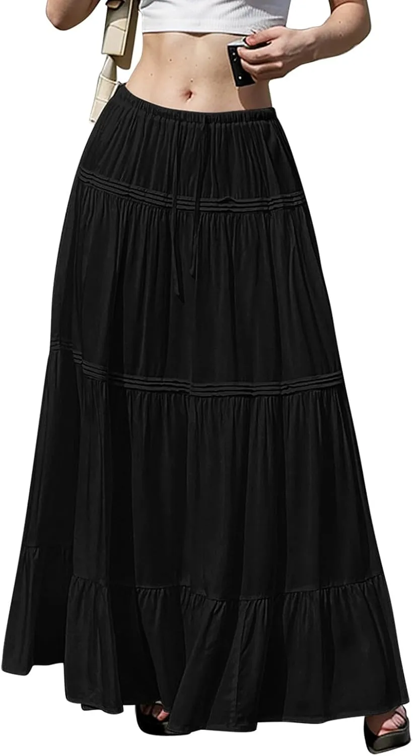 Women Elastic Waist Maxi Skirt Solid Color A Line Pleated Skirts Ruffle Tiered Beach Vacation Long Skorts