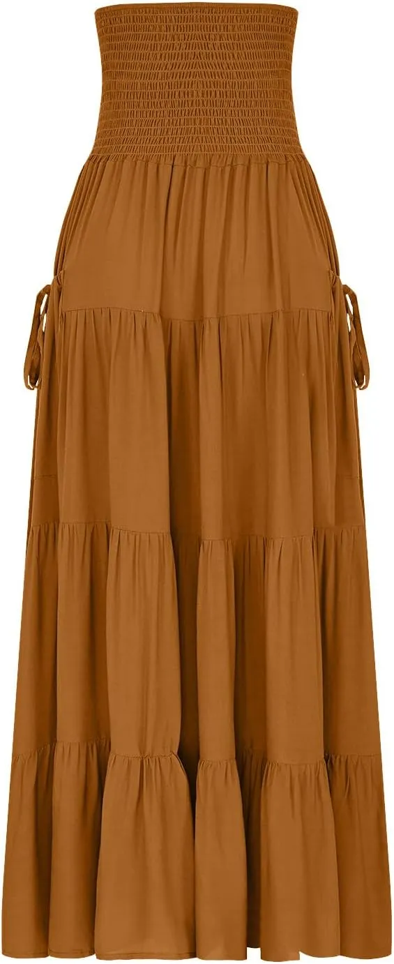 Women Fashion Beach Skirt Summer Solid Boho Flowy Tiered A-Line Skirts Casual Drawstring Elastic Waist Pleated Skirt