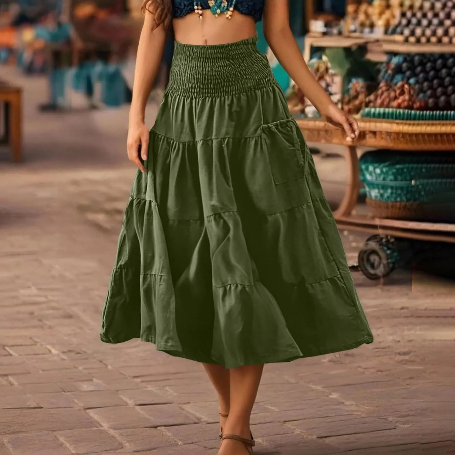 Women Fashion Beach Skirt Summer Solid Boho Flowy Tiered A-Line Skirts Casual Drawstring Elastic Waist Pleated Skirt