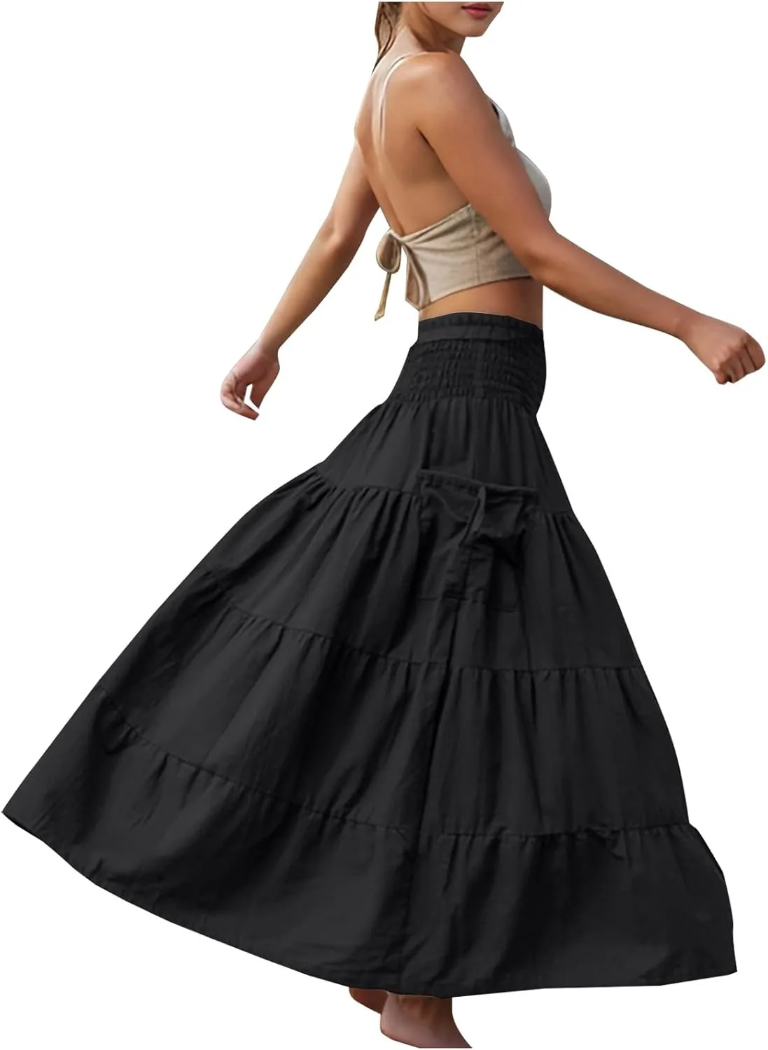 Women Fashion Beach Skirt Summer Solid Boho Flowy Tiered A-Line Skirts Casual Drawstring Elastic Waist Pleated Skirt