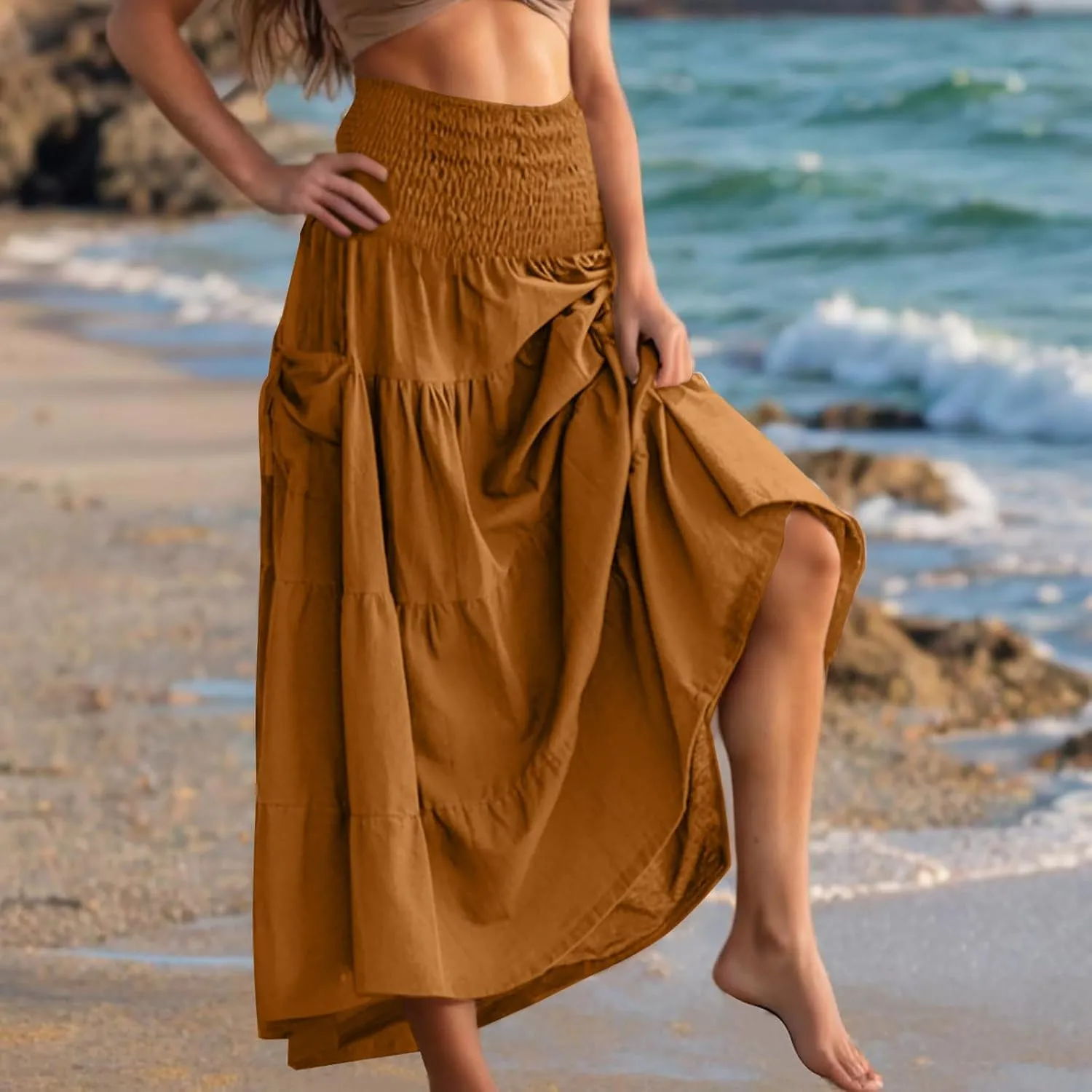 Women Fashion Beach Skirt Summer Solid Boho Flowy Tiered A-Line Skirts Casual Drawstring Elastic Waist Pleated Skirt