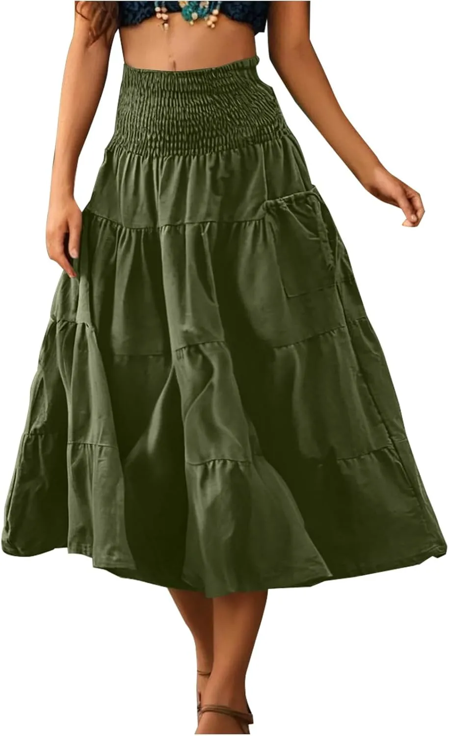 Women Fashion Beach Skirt Summer Solid Boho Flowy Tiered A-Line Skirts Casual Drawstring Elastic Waist Pleated Skirt