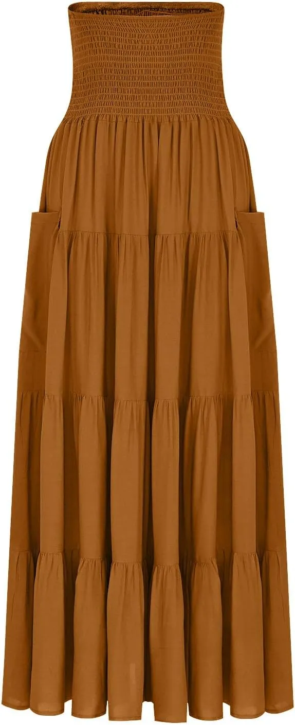Women Fashion Beach Skirt Summer Solid Boho Flowy Tiered A-Line Skirts Casual Drawstring Elastic Waist Pleated Skirt