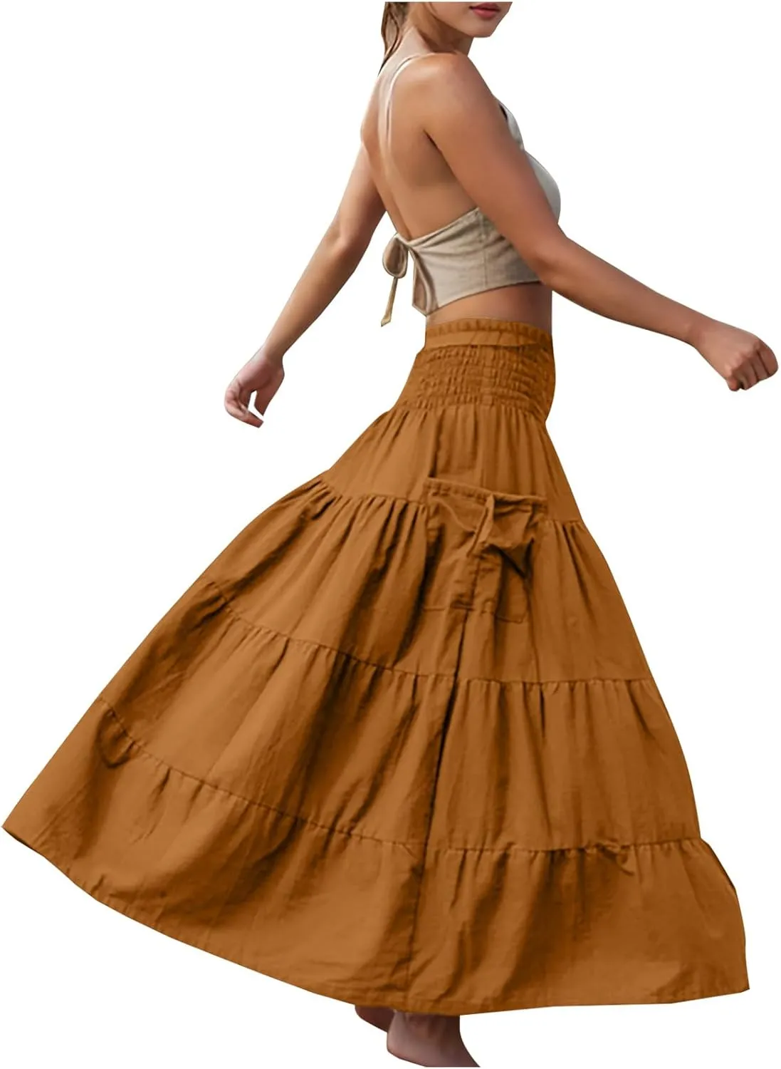 Women Fashion Beach Skirt Summer Solid Boho Flowy Tiered A-Line Skirts Casual Drawstring Elastic Waist Pleated Skirt