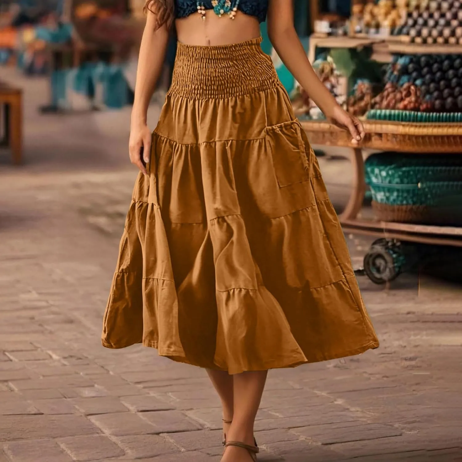 Women Fashion Beach Skirt Summer Solid Boho Flowy Tiered A-Line Skirts Casual Drawstring Elastic Waist Pleated Skirt