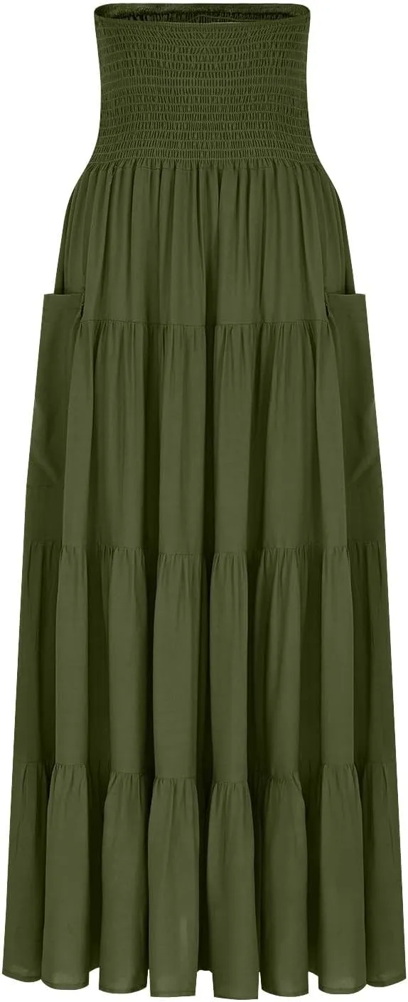 Women Fashion Beach Skirt Summer Solid Boho Flowy Tiered A-Line Skirts Casual Drawstring Elastic Waist Pleated Skirt