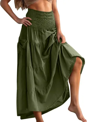 Women Fashion Beach Skirt Summer Solid Boho Flowy Tiered A-Line Skirts Casual Drawstring Elastic Waist Pleated Skirt