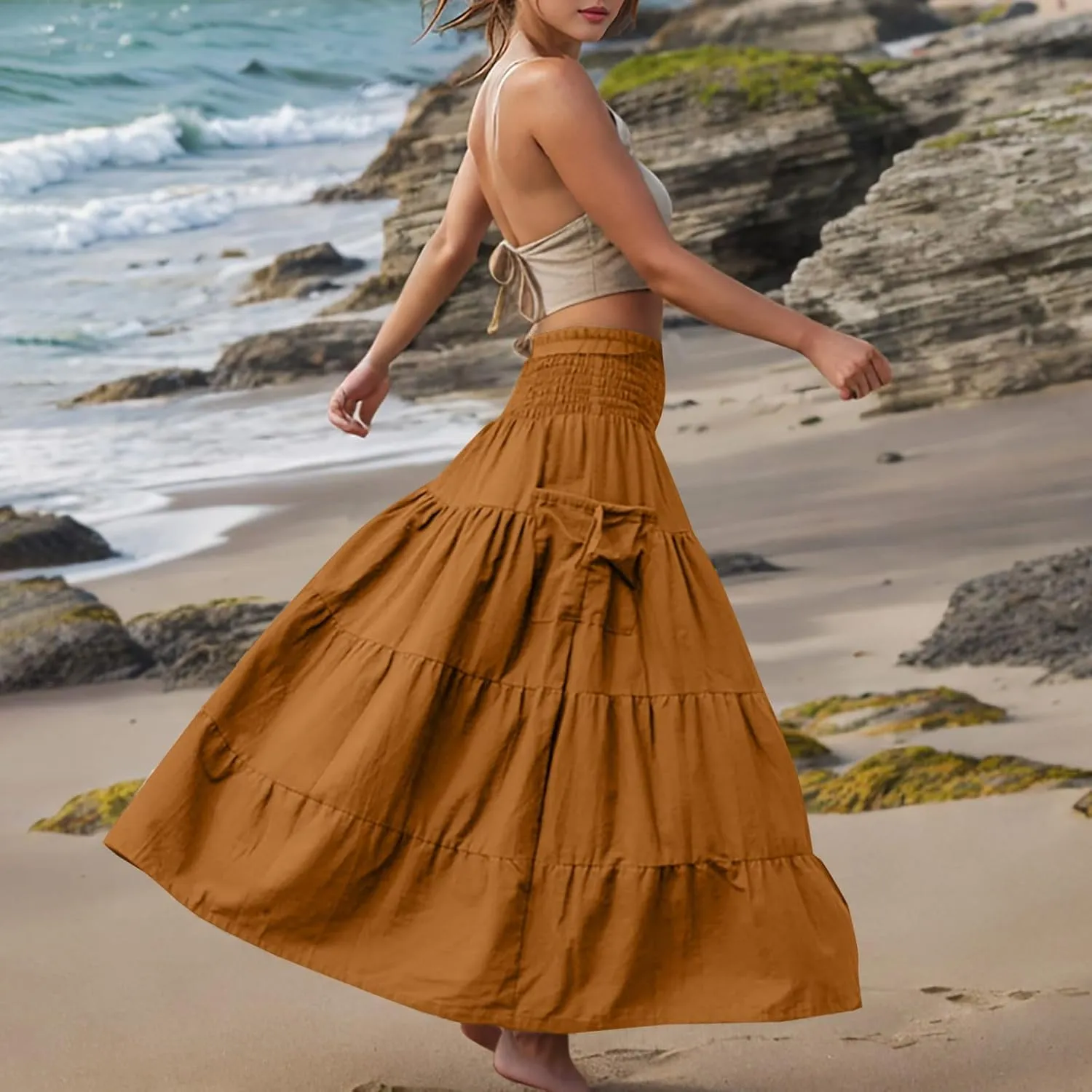 Women Fashion Beach Skirt Summer Solid Boho Flowy Tiered A-Line Skirts Casual Drawstring Elastic Waist Pleated Skirt