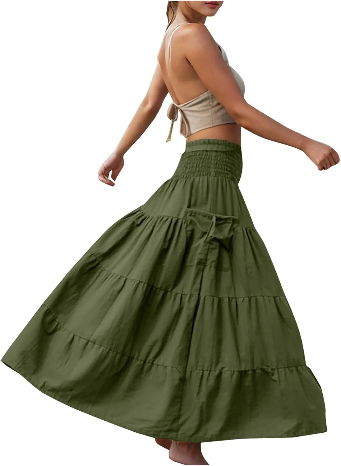 Women Fashion Beach Skirt Summer Solid Boho Flowy Tiered A-Line Skirts Casual Drawstring Elastic Waist Pleated Skirt