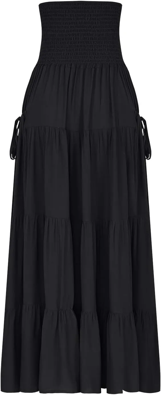 Women Fashion Beach Skirt Summer Solid Boho Flowy Tiered A-Line Skirts Casual Drawstring Elastic Waist Pleated Skirt