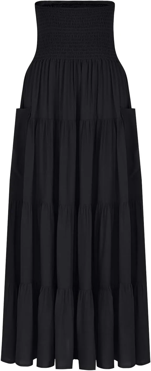 Women Fashion Beach Skirt Summer Solid Boho Flowy Tiered A-Line Skirts Casual Drawstring Elastic Waist Pleated Skirt