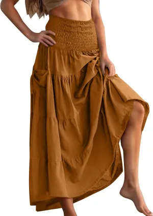 Women Fashion Beach Skirt Summer Solid Boho Flowy Tiered A-Line Skirts Casual Drawstring Elastic Waist Pleated Skirt