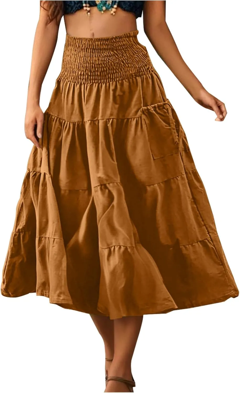 Women Fashion Beach Skirt Summer Solid Boho Flowy Tiered A-Line Skirts Casual Drawstring Elastic Waist Pleated Skirt
