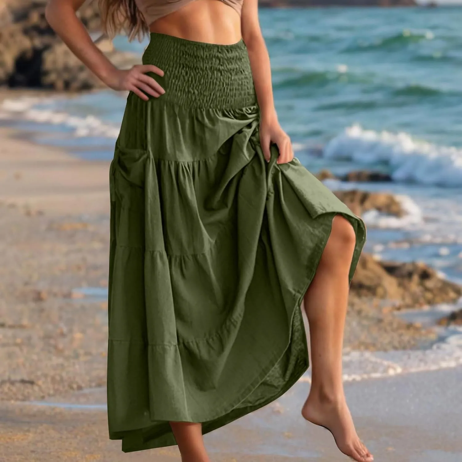 Women Fashion Beach Skirt Summer Solid Boho Flowy Tiered A-Line Skirts Casual Drawstring Elastic Waist Pleated Skirt