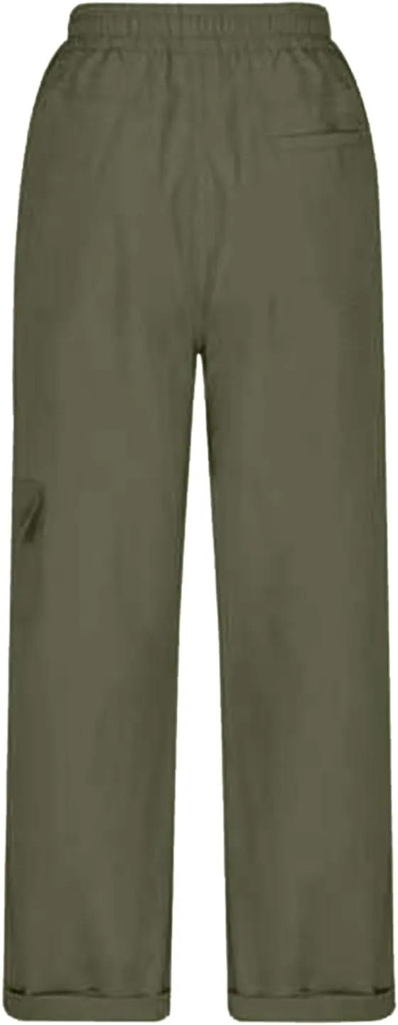 Women Fashion Elastic High Waist Pants with Pockets Trousers Outdoor Casual Sports Loose Cargo Pants