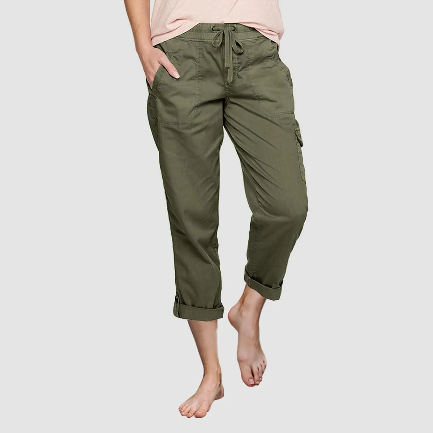 Women Fashion Elastic High Waist Pants with Pockets Trousers Outdoor Casual Sports Loose Cargo Pants