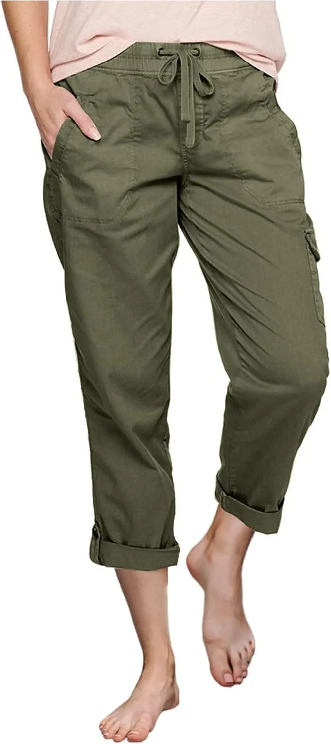 Women Fashion Elastic High Waist Pants with Pockets Trousers Outdoor Casual Sports Loose Cargo Pants