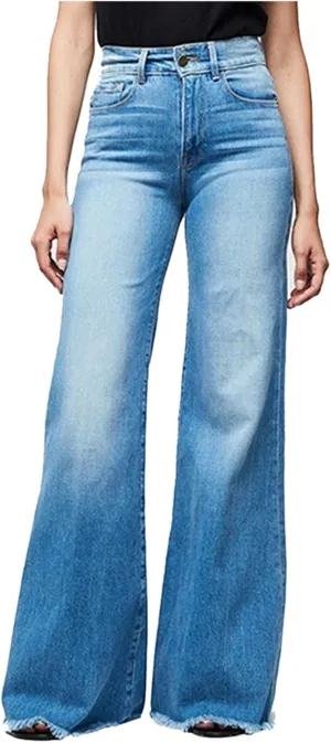 Women Flare Jeans Stretch High Waisted Bell Bottom Jeans Raw Hem Denim Pants Plus Size Stretchy Classic Baggy Trouser