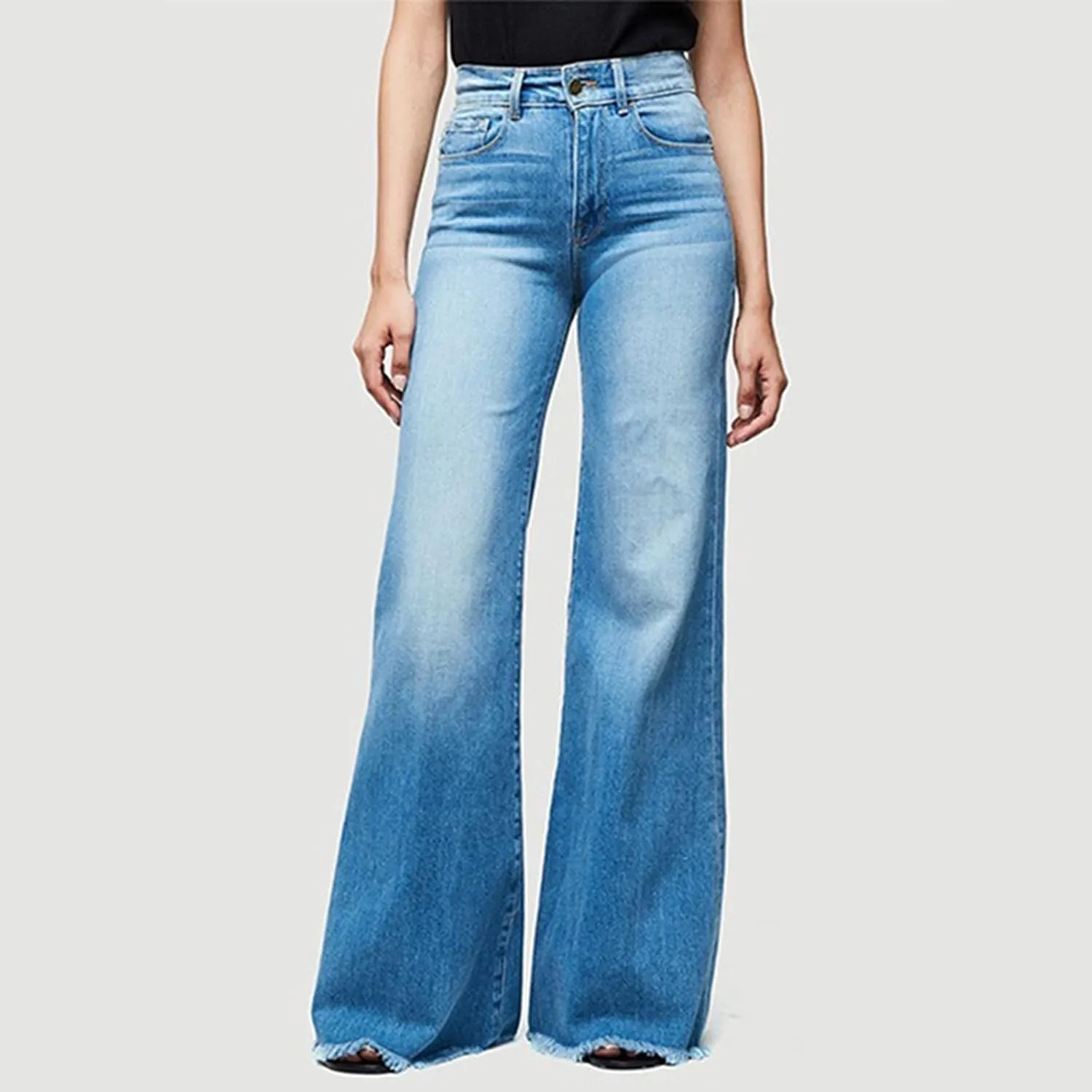 Women Flare Jeans Stretch High Waisted Bell Bottom Jeans Raw Hem Denim Pants Plus Size Stretchy Classic Baggy Trouser