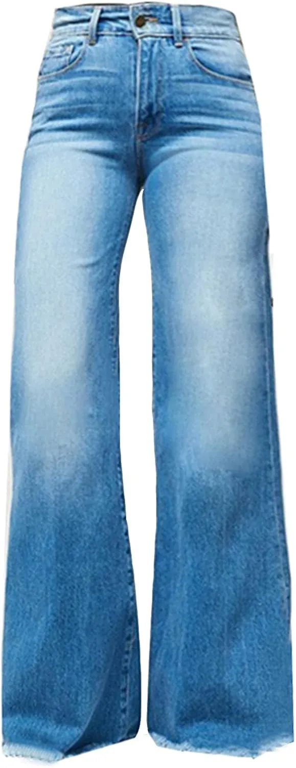 Women Flare Jeans Stretch High Waisted Bell Bottom Jeans Raw Hem Denim Pants Plus Size Stretchy Classic Baggy Trouser