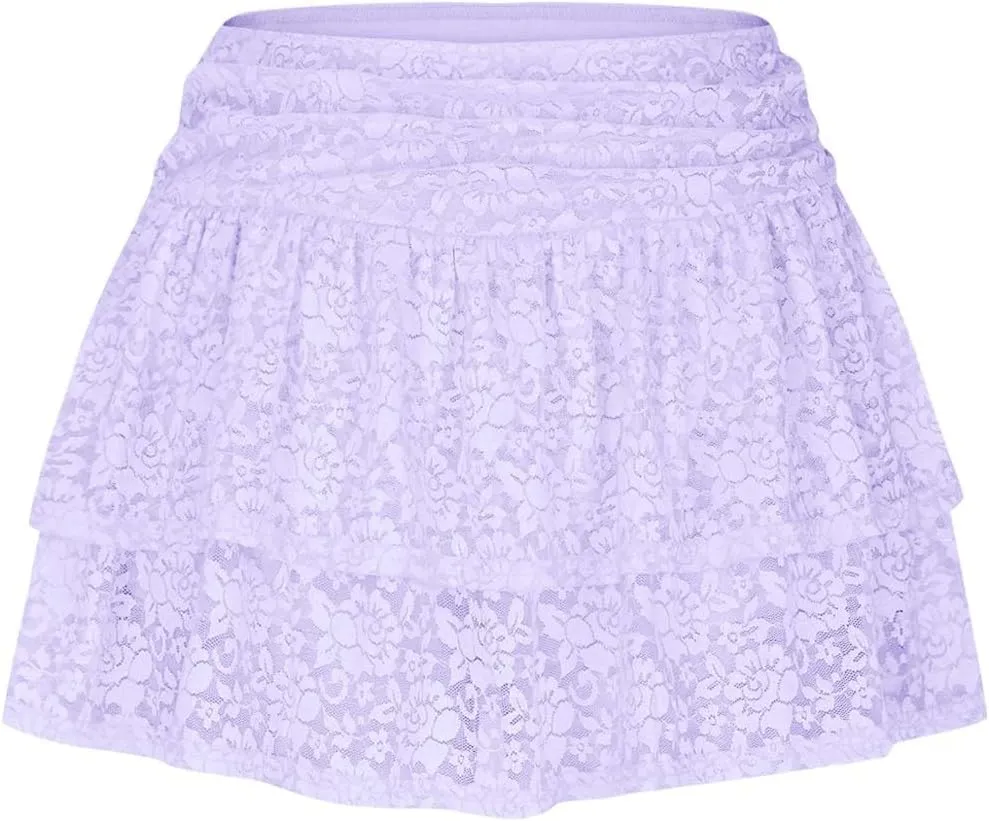 Women Floral Lace Mesh Mini Skirts Y2k Layered Ruffle Sexy Short Skirts Ruched Rise Tiered Hot Coquette Skirt