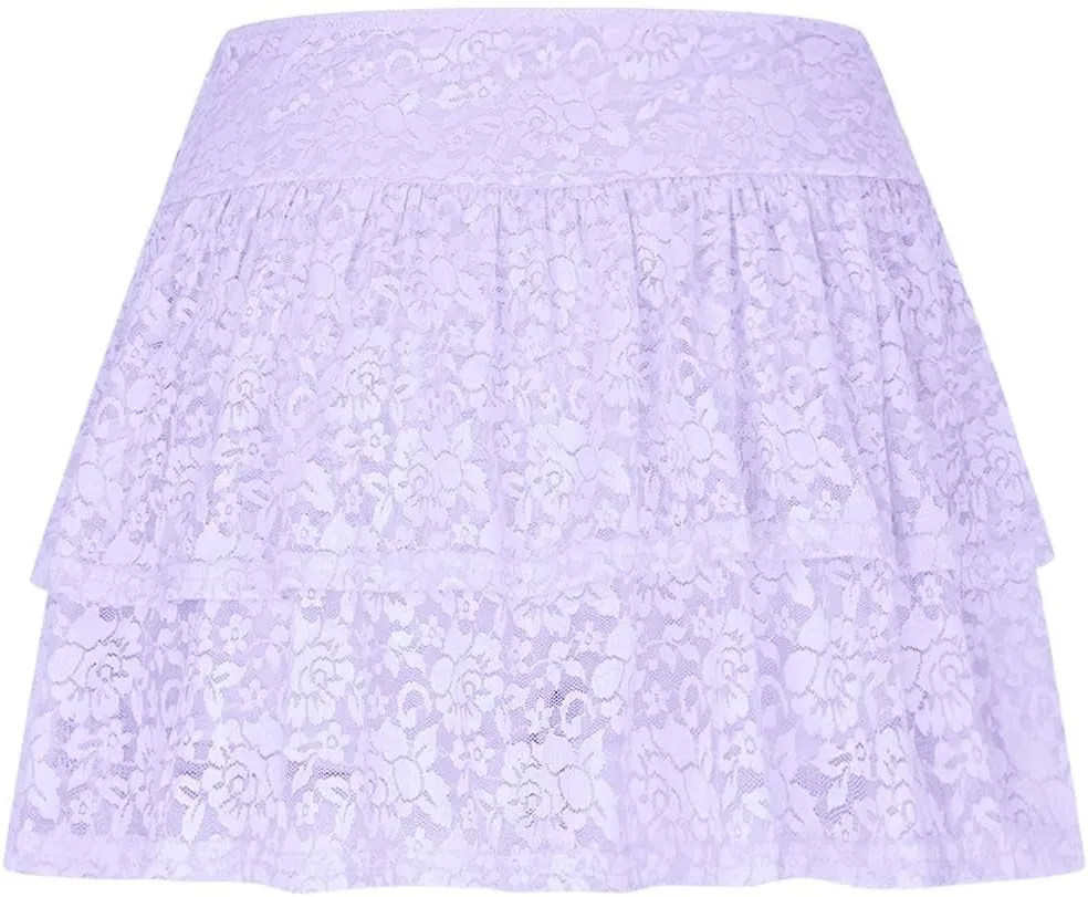 Women Floral Lace Mesh Mini Skirts Y2k Layered Ruffle Sexy Short Skirts Ruched Rise Tiered Hot Coquette Skirt
